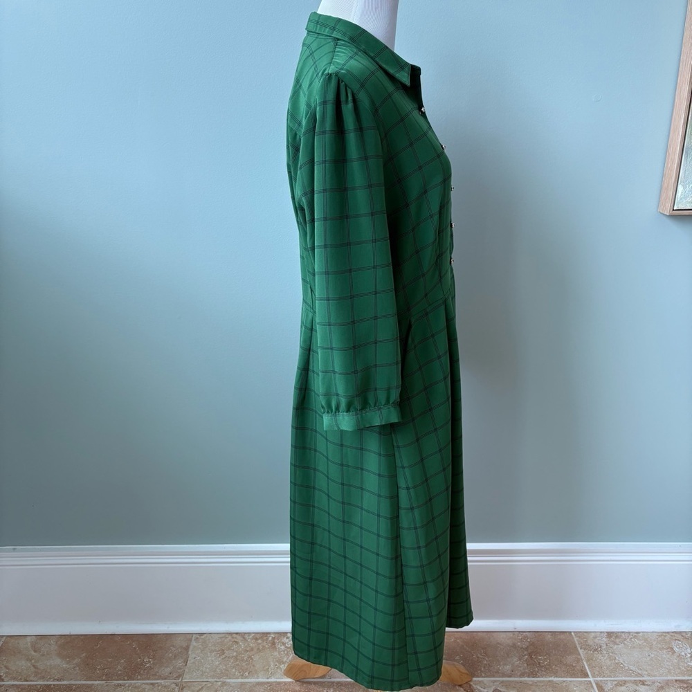 DownEast Modest Green Windowpane Check Academia Coquette Shirt Dress Sz L - Picture 4 of 13